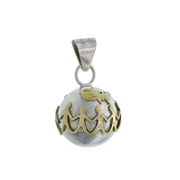 Southwest Mexico Taxco Sterling Silver Brass Paper Doll Globe Jingle Pendant - Picture 1 of 9